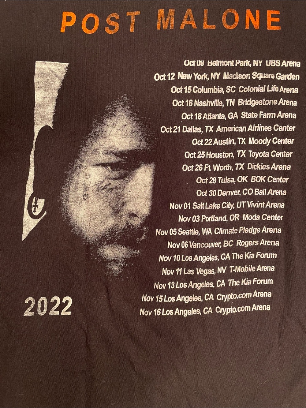 Post Malone 2022 Tour Tee with Portrait and Tour Dates. Unisex